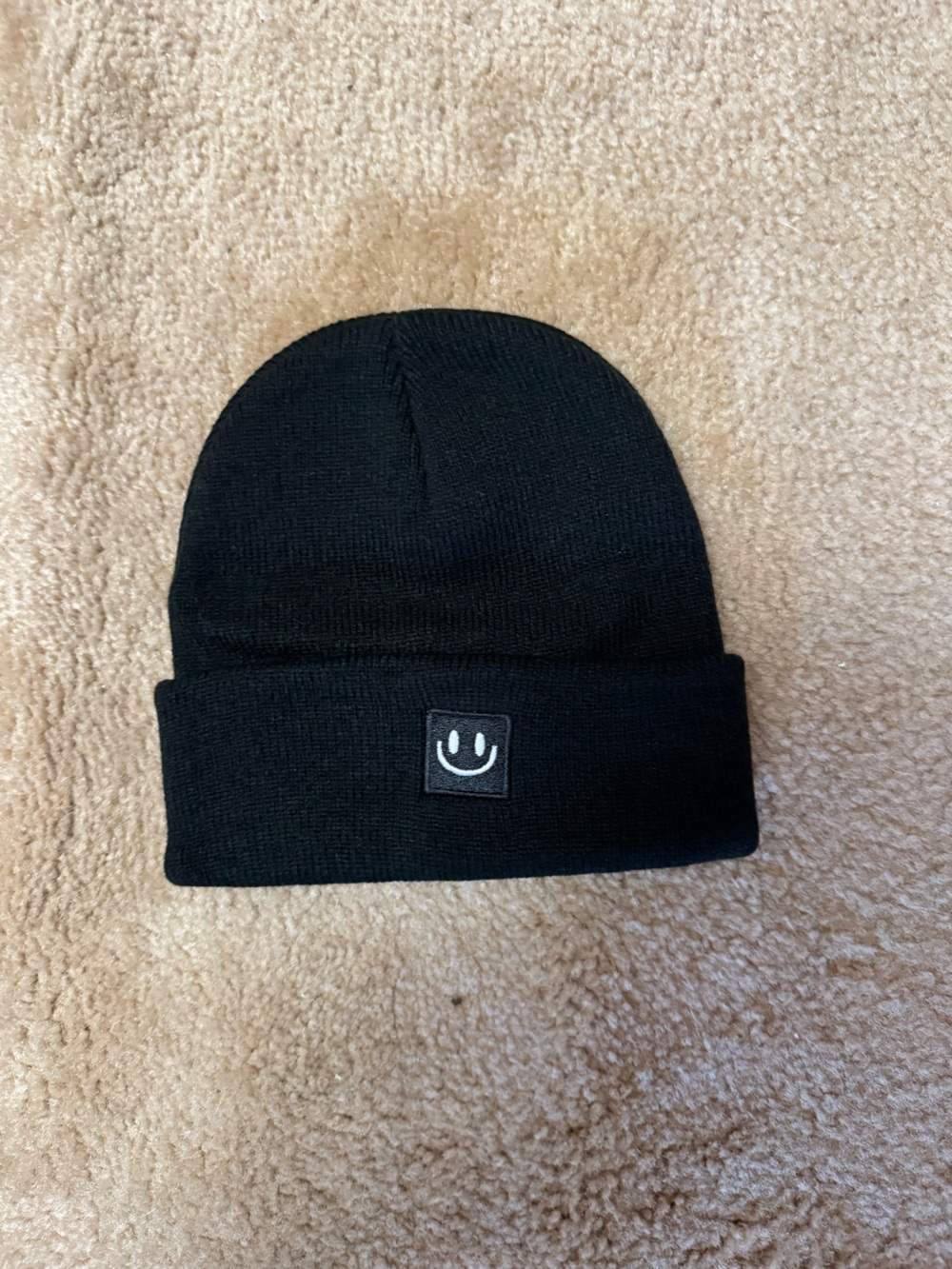 Kids Black Knit Beanie Hat with Smile Patch